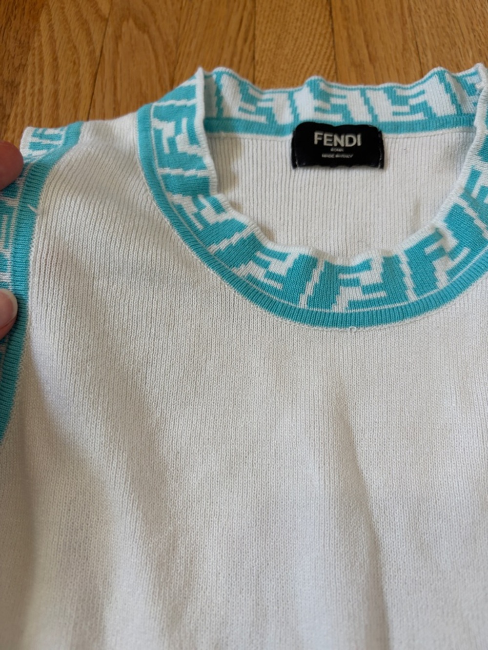 F Icon White Knit Sleeveless Top with Turquoise-Blue FF Trim - Picture 2 of 5